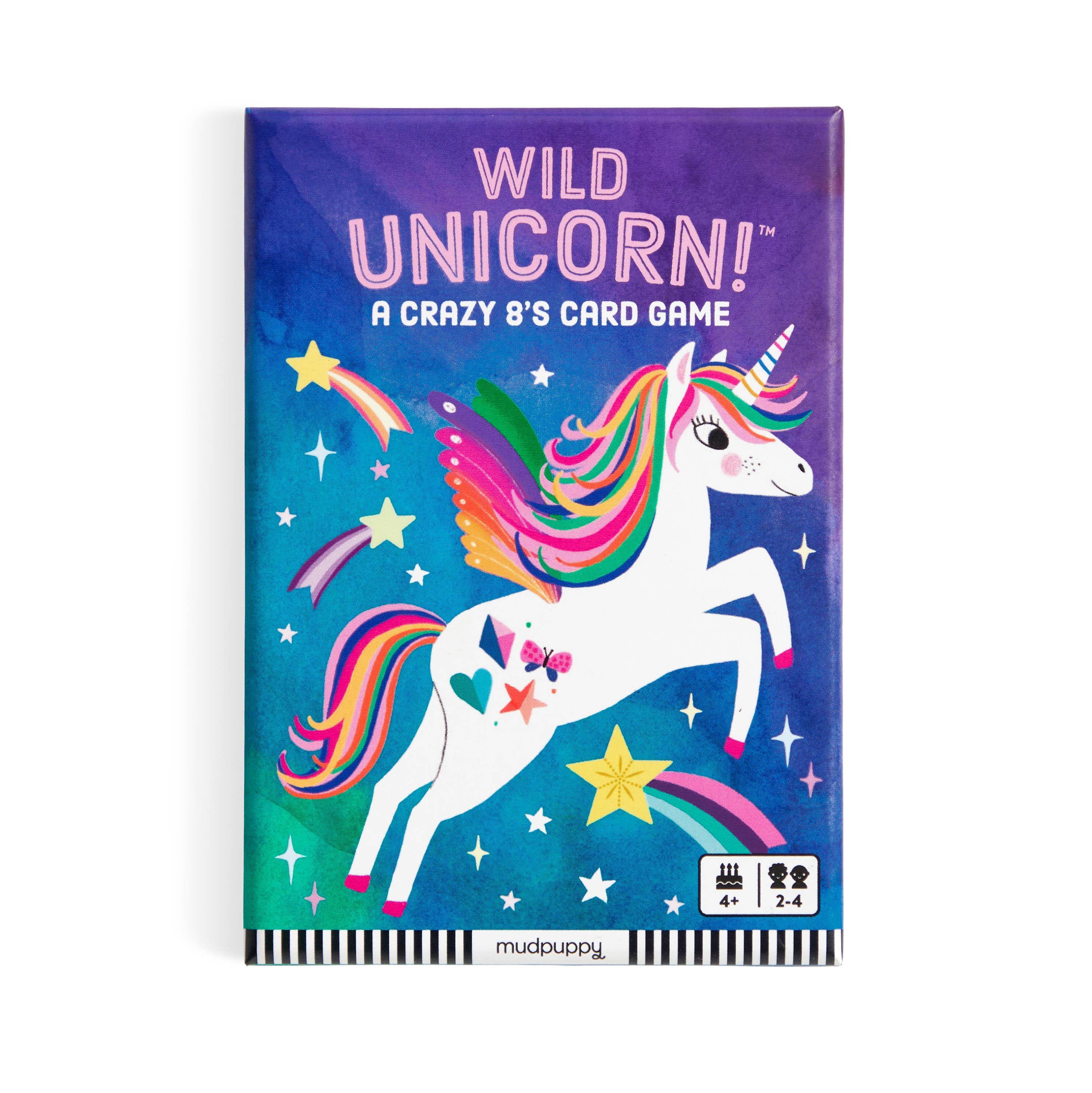 Wild Unicorn Card Game Crazy 8’s box with unicorn, rainbow, and star graphics on a purple background.