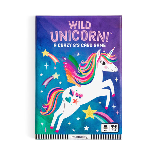Wild Unicorn Card Game Crazy 8’s box with unicorn, rainbow, and star graphics on a purple background.