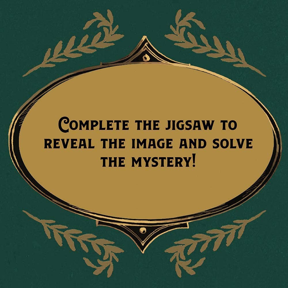 Gold sign with black text: Complete Murder Most Puzzling—The Clairvoyants Convention 500-piece puzzle.