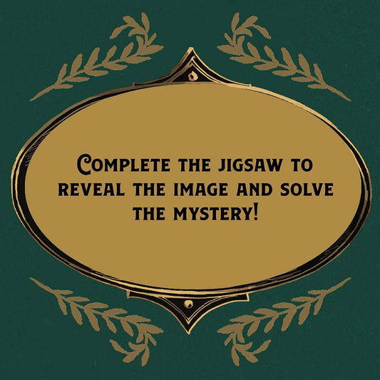 Gold sign with black text: Complete Murder Most Puzzling—The Clairvoyants Convention 500-piece puzzle.