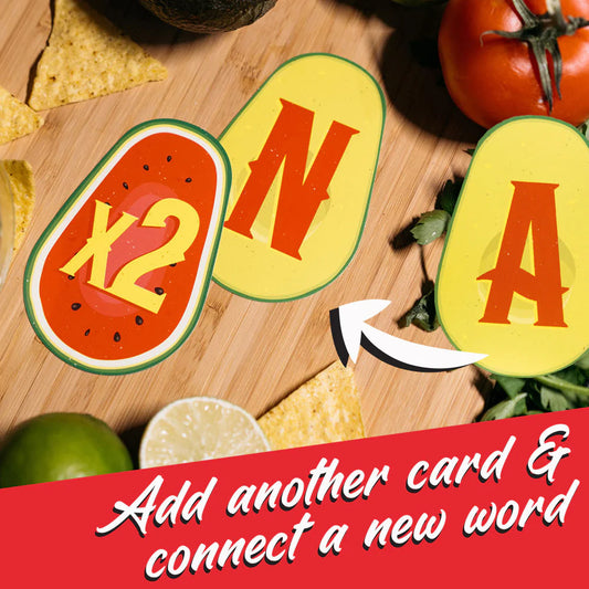 Two Olé Guacamole avocado-shaped word game cards on a table with chips, tomato, and lime.