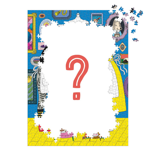 Little Bistro 1000 Piece Surprise Puzzle featuring a bold red question mark and restaurant-themed cartoon illustrations.