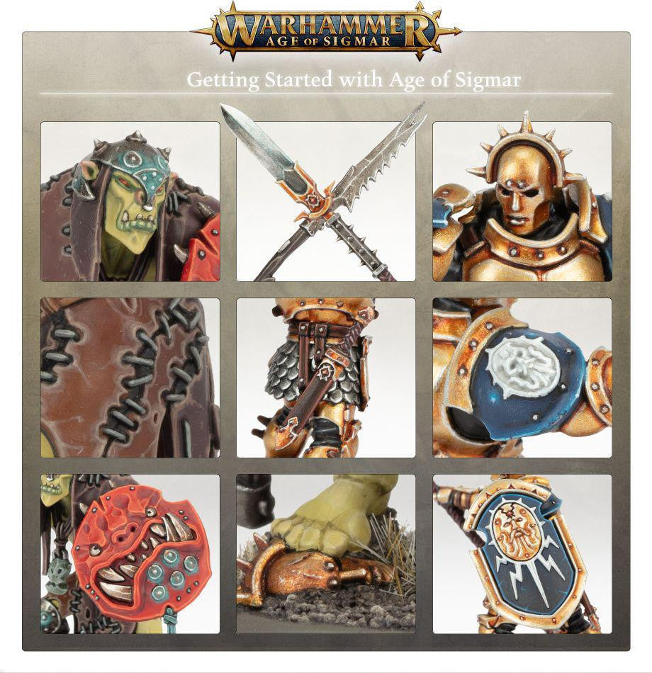 Getting Started with Age of Sigmar guide featuring Citadel miniatures, weapons, and shields for tabletop gaming.
