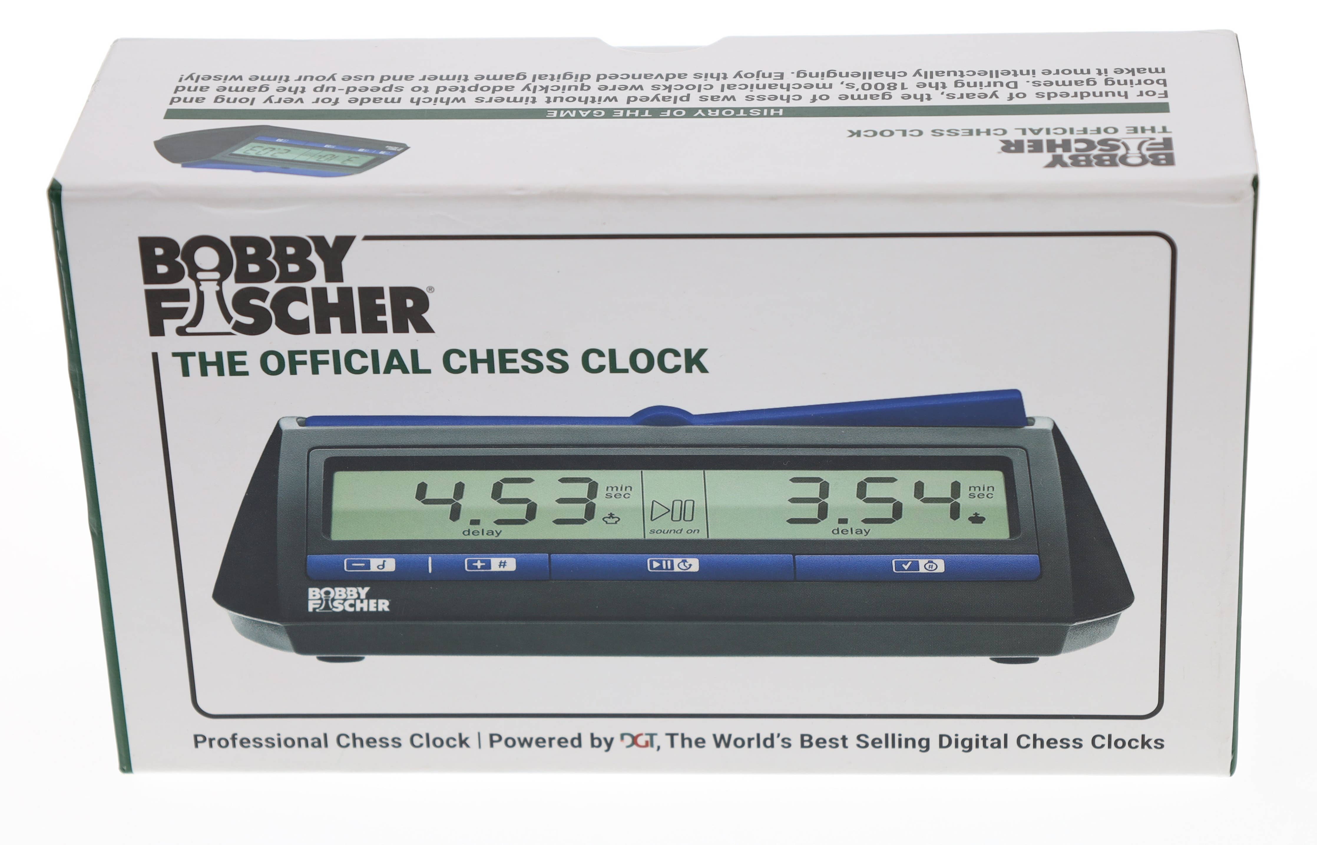 Bobby Fischer Digital Chess Clock/Timer box, shows product image and digital display on front. Powered by DGT.