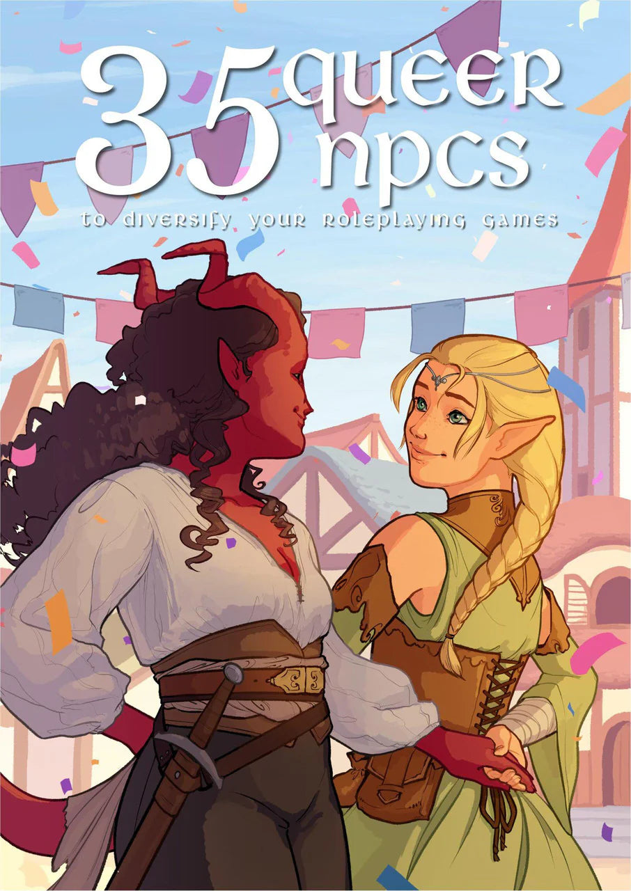 Cover for 35 Queer NPCs featuring a tiefling and an elf smiling at each other under banners.