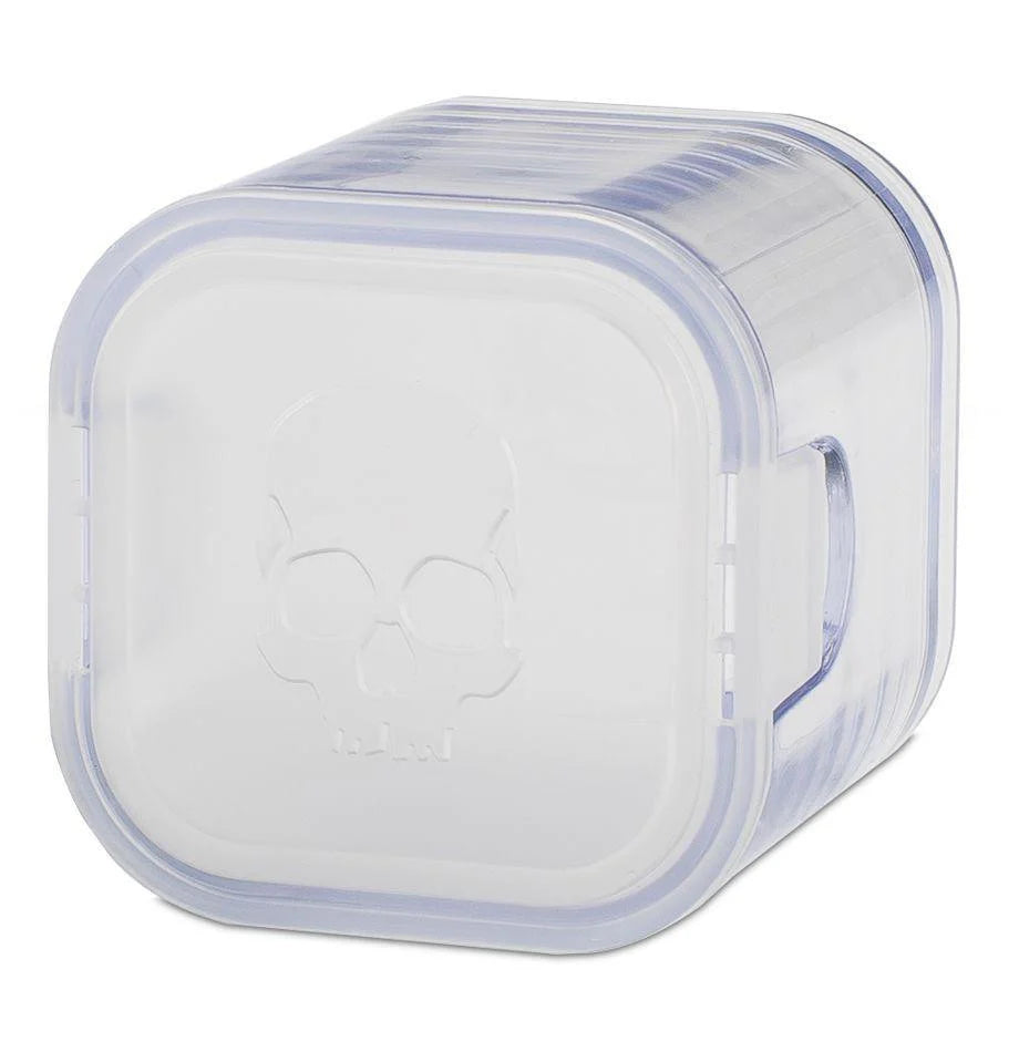 Clear, square plastic box with skull lid designed to store Warhammer 12mm Dice Set - GREY or a dice cube.