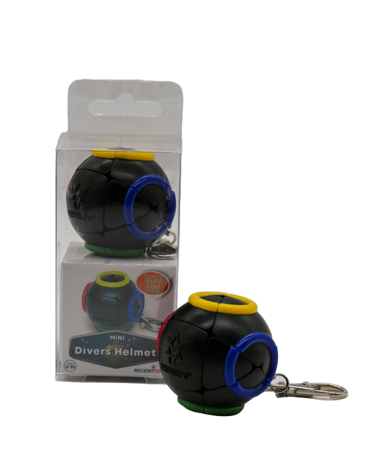 Mefferts Keychain black sphere puzzle with blue, yellow, and green rings next to Mini Divers Helmet packaging.