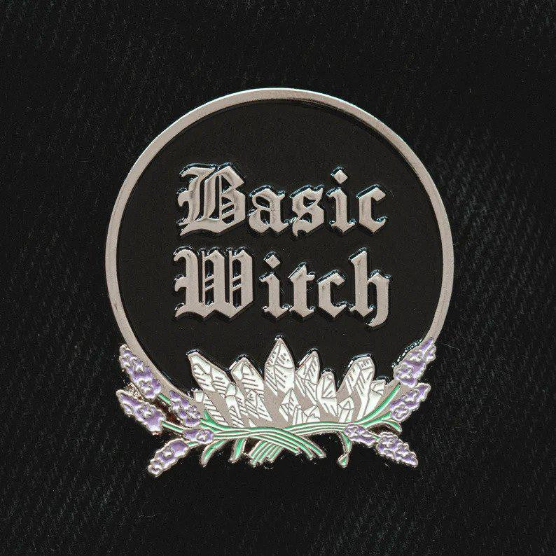 Basic Witch enamel pin in silver and black with a funny quote design.