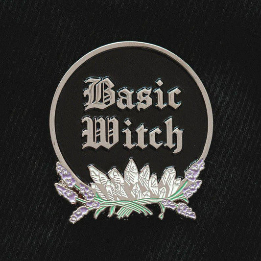 Basic Witch enamel pin in silver and black with a funny quote design.