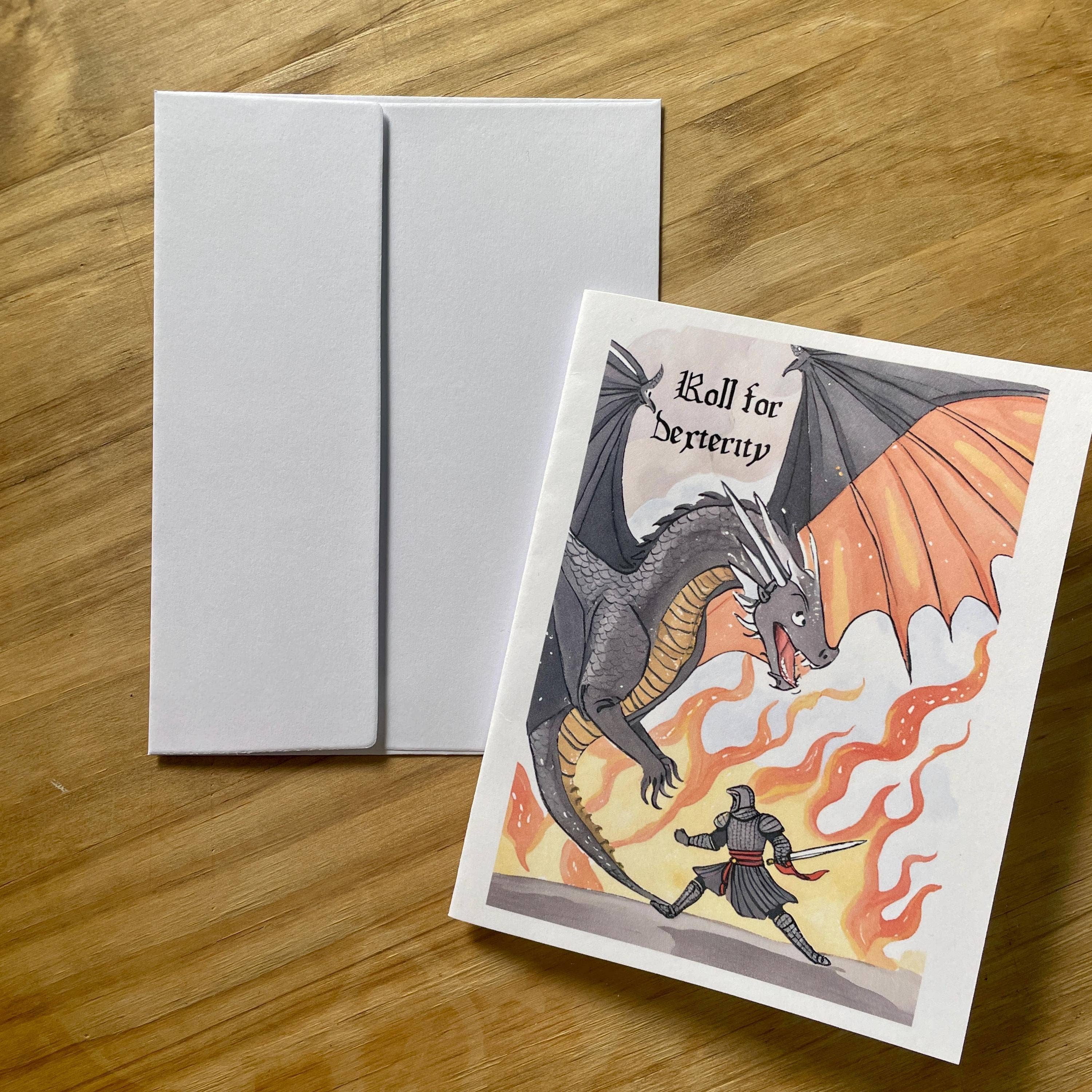 Medieval Knight and Dragon Encouragement Card, matte stock, self-seal envelope included, blank inside.