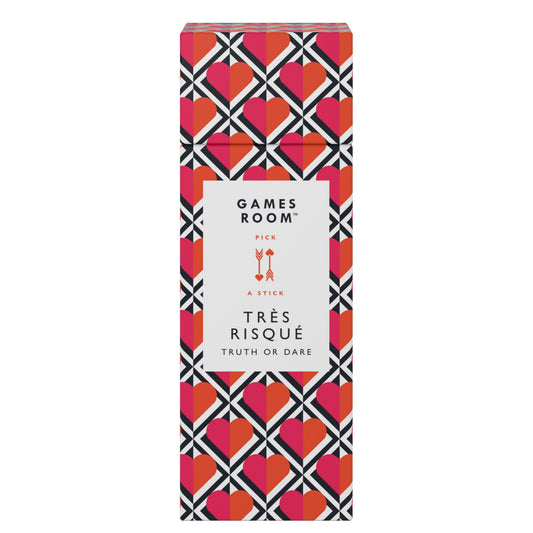 Tres Risque Truth or Dare game for couples, includes heart-patterned box and Pick a Stick truth or dare instructions.