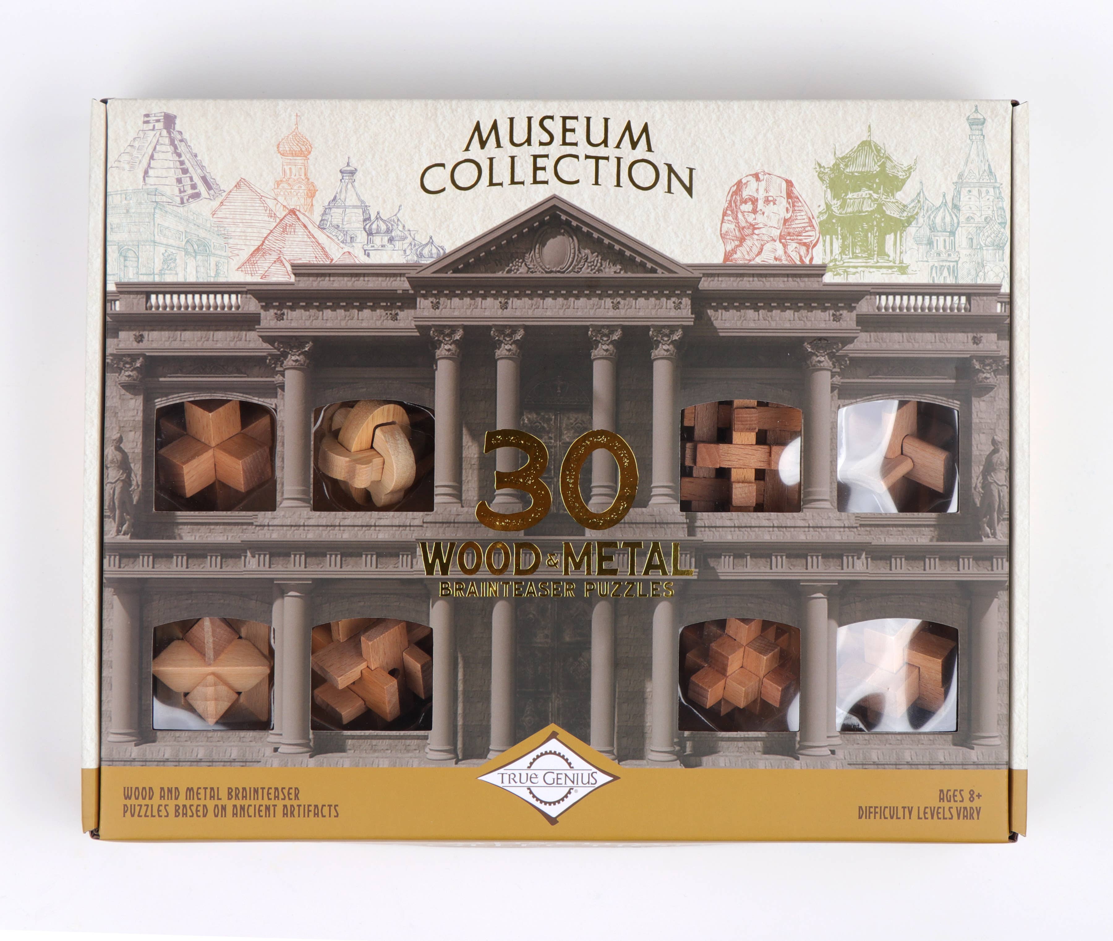 True Genius Museum Collection 30-piece Gift Set with eight puzzles in a windowed display box.