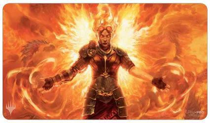 Chandra, Hope’s Beacon Playmat (MOM), Magic the Gathering—features woman in fiery armor with flaming wings.