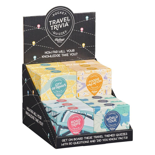 Travel Trivia game with 80 questions per set, featuring City Getaways and Foodie Vacation themes. Portable format.