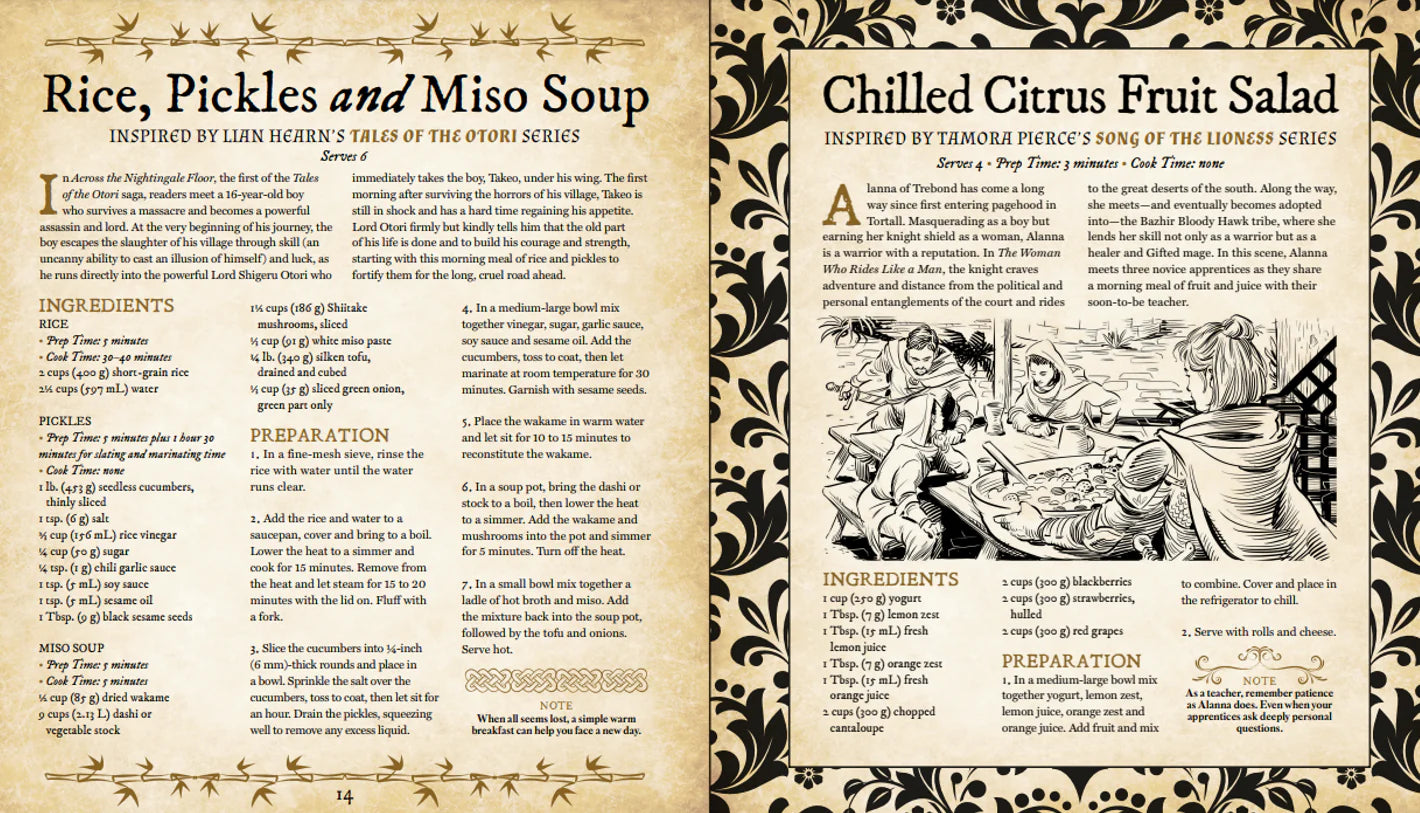 Two pages from Cooking for Wizards, Warriors, Dragons featuring fantasy recipes and decorative borders.