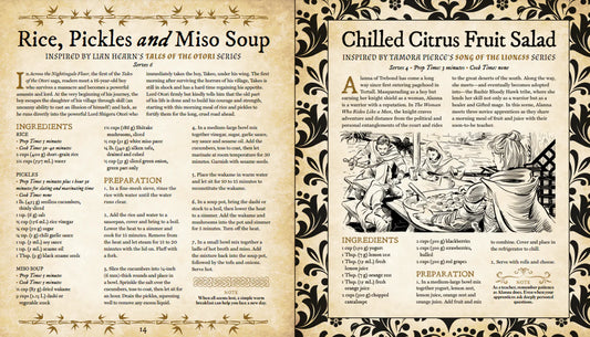 Two pages from Cooking for Wizards, Warriors, Dragons featuring fantasy recipes and decorative borders.