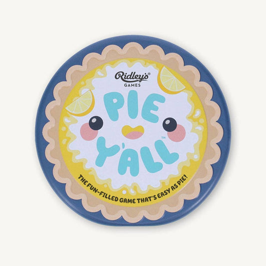 Pie Y’all game tin with pie face, lemon slices, and text branding by Ridley’s Games.