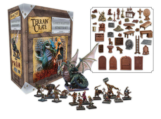 Terrain Crate - GM Dungeon Starter Set box with included dungeon miniatures, furniture, doors, and RPG terrain.