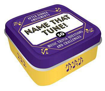After Dinner Amusements: Name That Tune game tin with purple lid, yellow sides, and musical notes design.