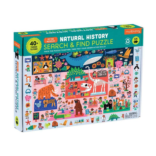 Natural History Museum Search & Find Puzzle featuring animals, fossils, and people in a museum scene.