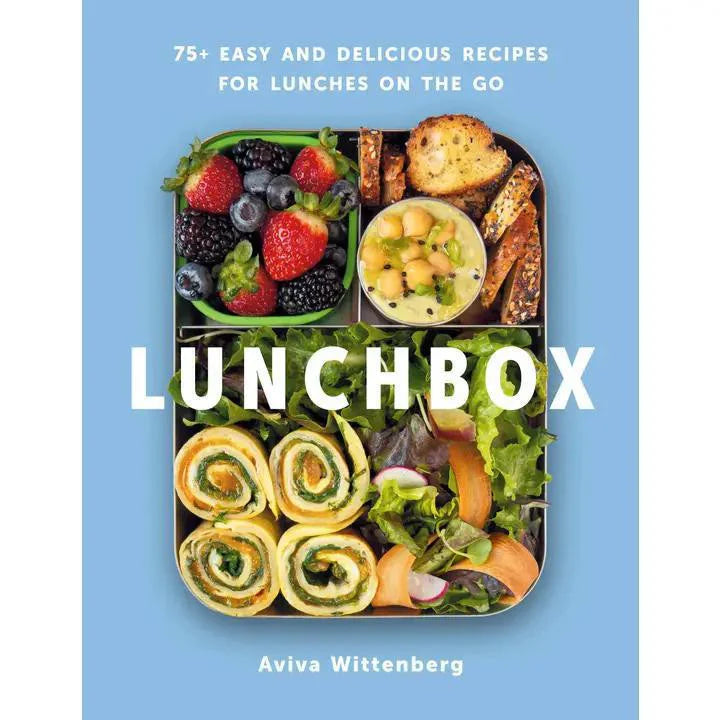 Lunchbox containing fruit, salad, veggie rolls, and breadsticks from Lunchbox: 75+ Easy & Delicious Recipes.