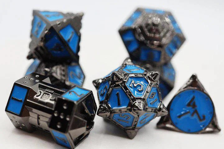 Kepler-452b CCG Metal Dice Set, UFO-themed metallic blue RPG dice with D20s by Foam Brain.