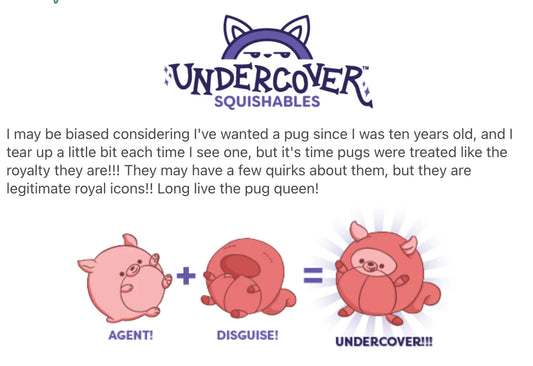 Undercover Pug in Queen Costume product featuring a cartoon pug in royal attire with text and royal icons above.