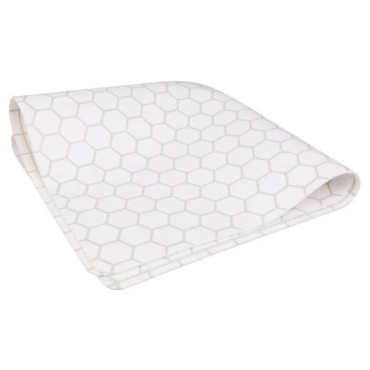 Folded white silicone gaming mat with a subtle light hexagon pattern.