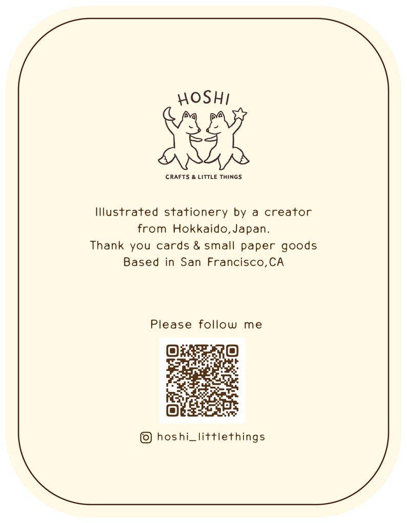 Cat Arigatou Japanese sticker on a cream card with two foxes, business info, and QR code for @hoshi_littlethings.