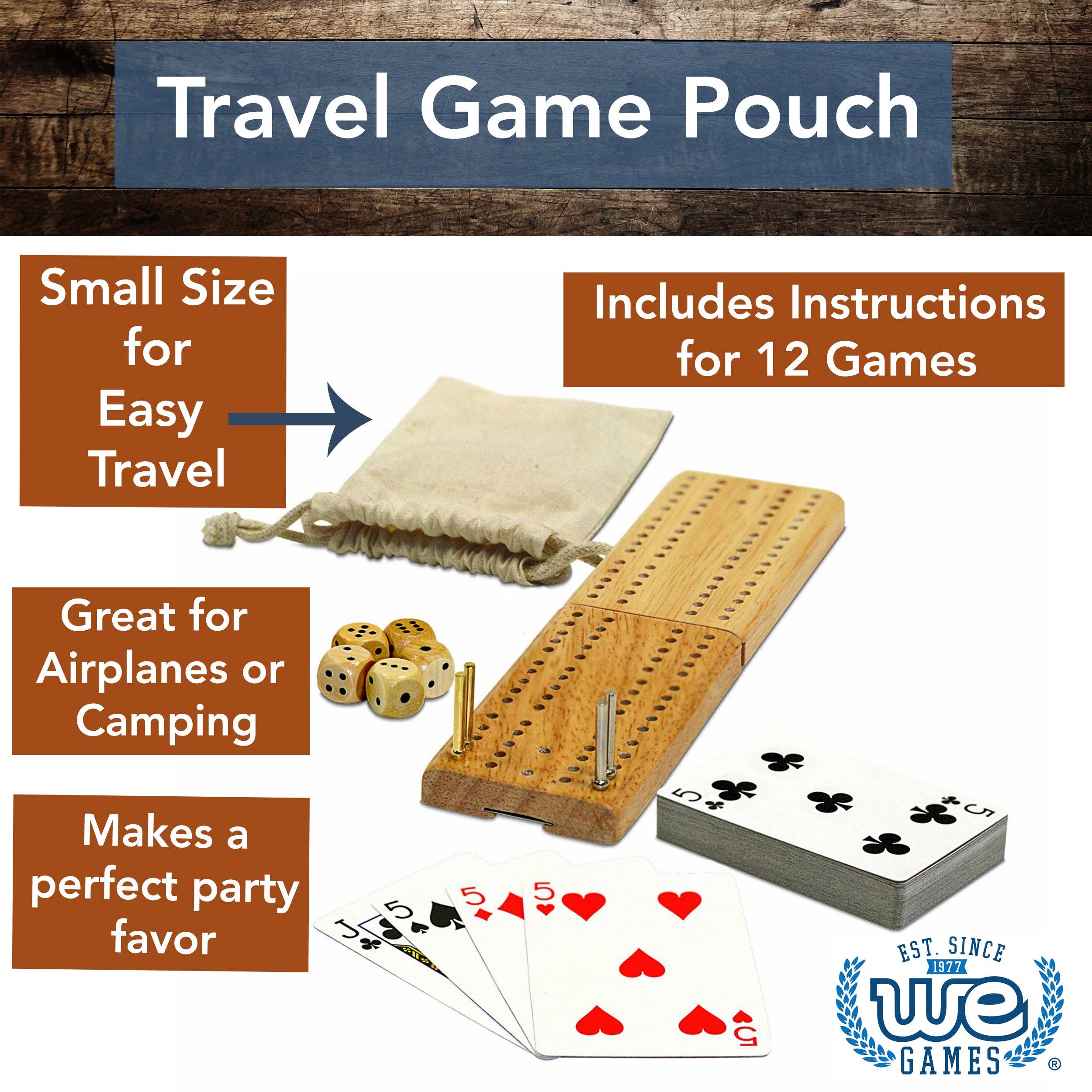 WE Games Cribbage and More Travel Game Pack with folding board, cards, dice, and storage pouch.