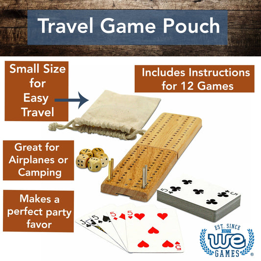 WE Games Cribbage and More Travel Game Pack with folding board, cards, dice, and storage pouch.