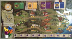 Cards and tokens from Tuscany Essential Edition Viticulture Expansion displayed on a flat surface.