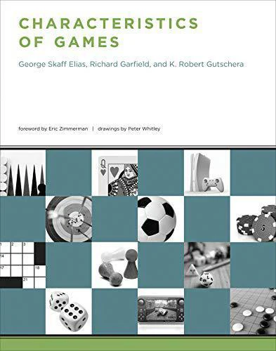 Book cover for Characteristics of Games featuring a grid of gaming icons, including dice, a ball, and cards.