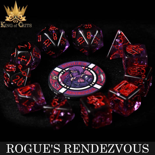 Rogues Rendezvous 11 dice set with ceramic poker chip on black background.