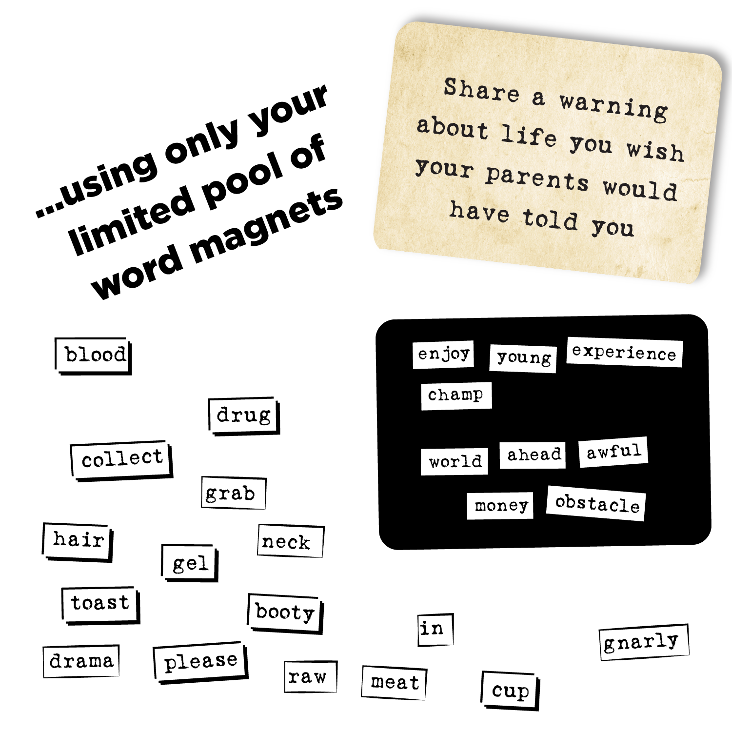 Ransom Notes: House Party Edition with word magnets and instructions for making life lesson warning messages.