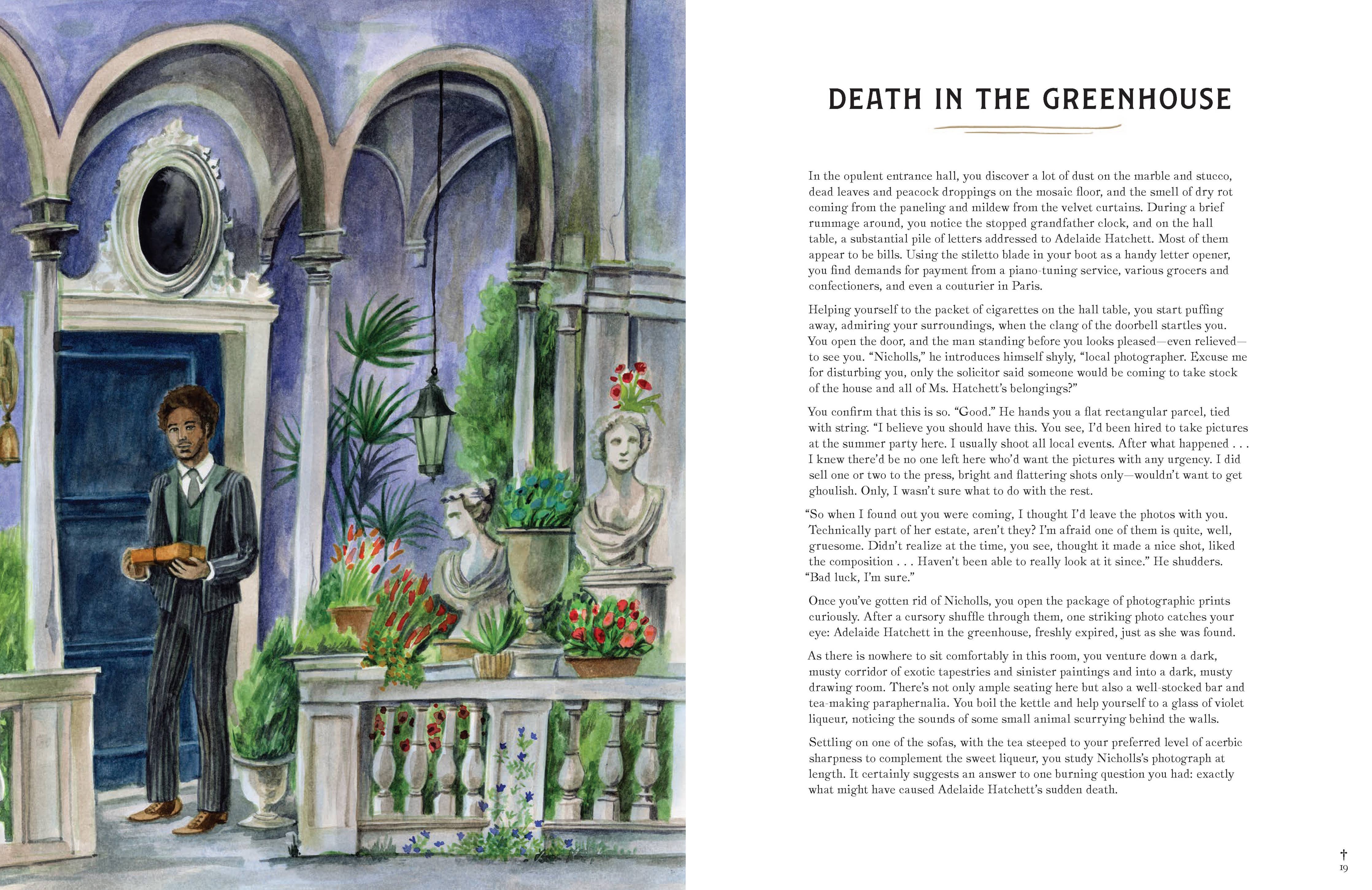 Murder Most Puzzling game featuring a man with papers at Quandary Park gates with statue and plant clues.