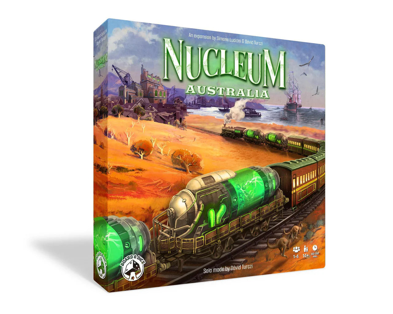 Nucleum Australia Expansion box featuring a green train near uranium deposits in the Australian outback.