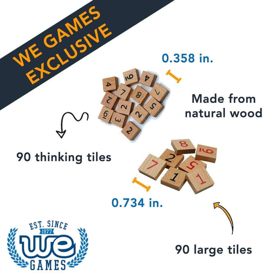 Set of 90 small and 90 large numbered tiles for 11.5 Walnut Stain Wooden Sudoku Board with WE Games logo.
