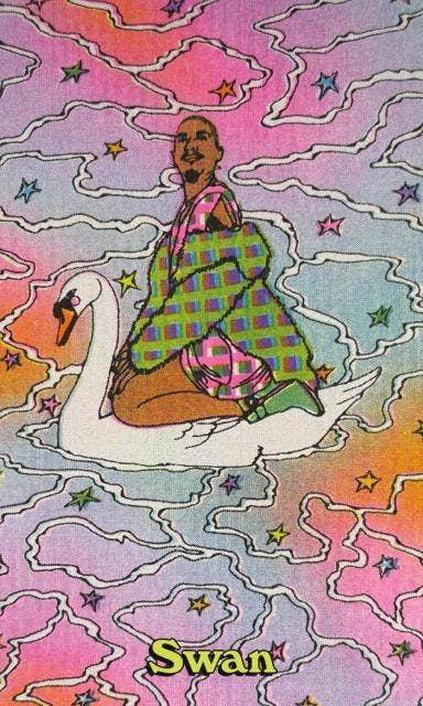 Queer Animal Oracle card featuring a figure riding a white swan with “Swan” text on pastel clouds.