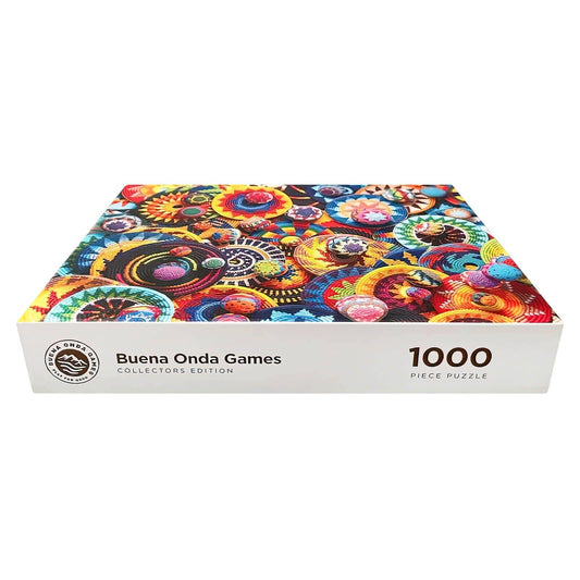Buena Onda Games 1000-piece puzzle in recycled box with woven basket pattern, limited edition.