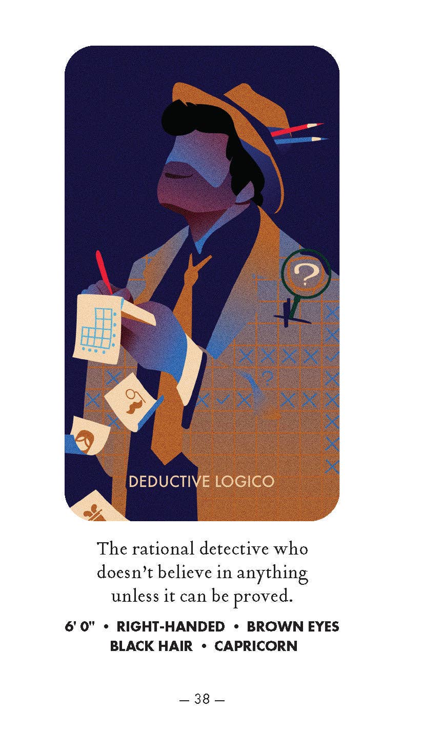 Murdle Oracle Deck featuring detective in suit, clues, and notepad, highlighting deductive logic puzzle theme.
