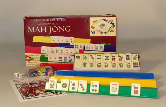 Starter Mah Jongg Set with plastic tiles, racks, chips, dice, and instruction sheet.