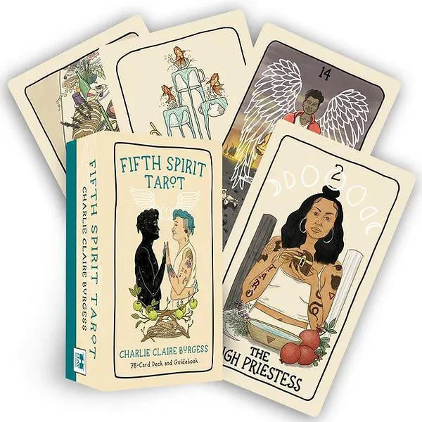 Fifth Spirit Tarot deck with four cards displayed, including The High Priestess and Temperance.