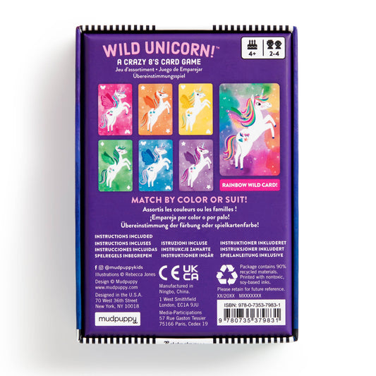 Back of Wild Unicorn Card Game box showing unicorn cards and Crazy 8s rules.