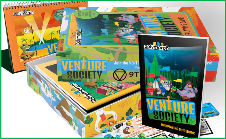Venture Society tabletop game with illustrated box, cards, and guidebook focused on Social Emotional Learning.