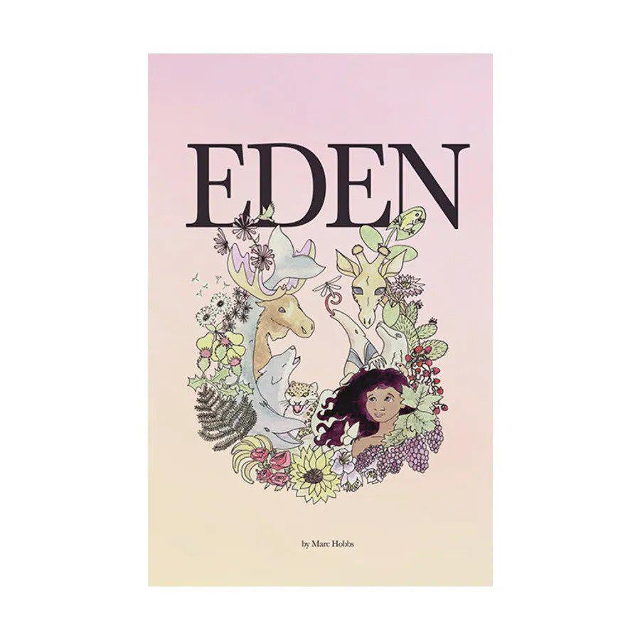 Eden book cover with illustrations of a girl, animals, and flowers on a pastel background.