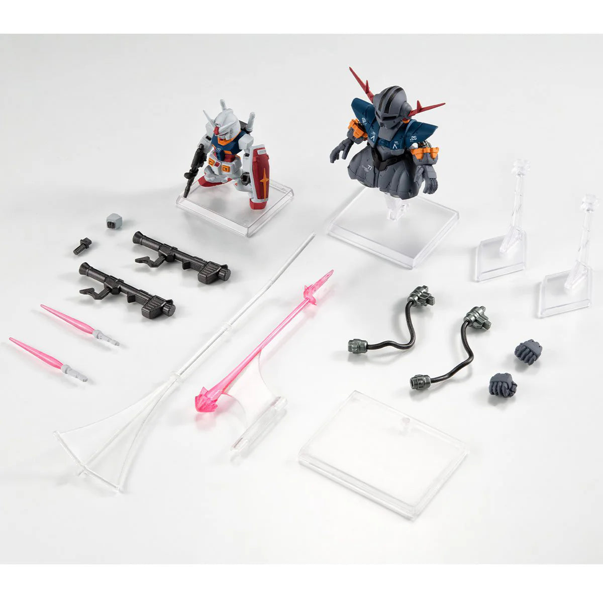 FW Gundam Converge Core 45th Anniversary Last Shooting Set with RX-78-2, Zeong figures, weapons, hands, and stands.