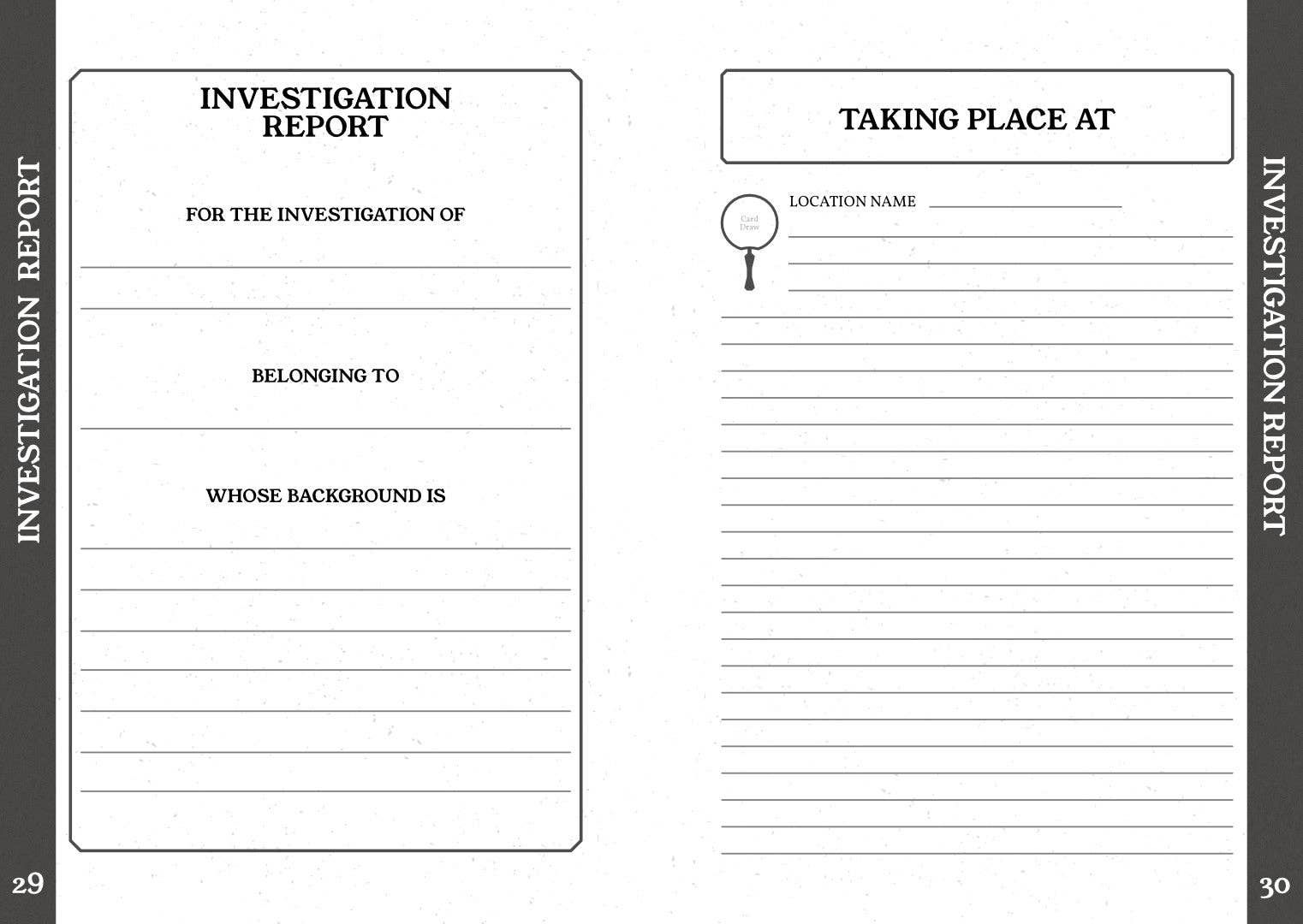Two-page investigation report template for Whispers in the Walls 2e tabletop mystery game.