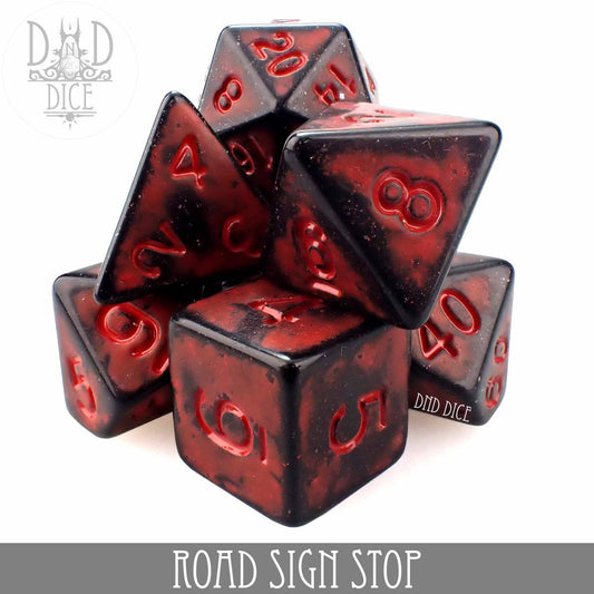 Red and black acrylic dice set, labeled Road Sign Stop at the bottom.