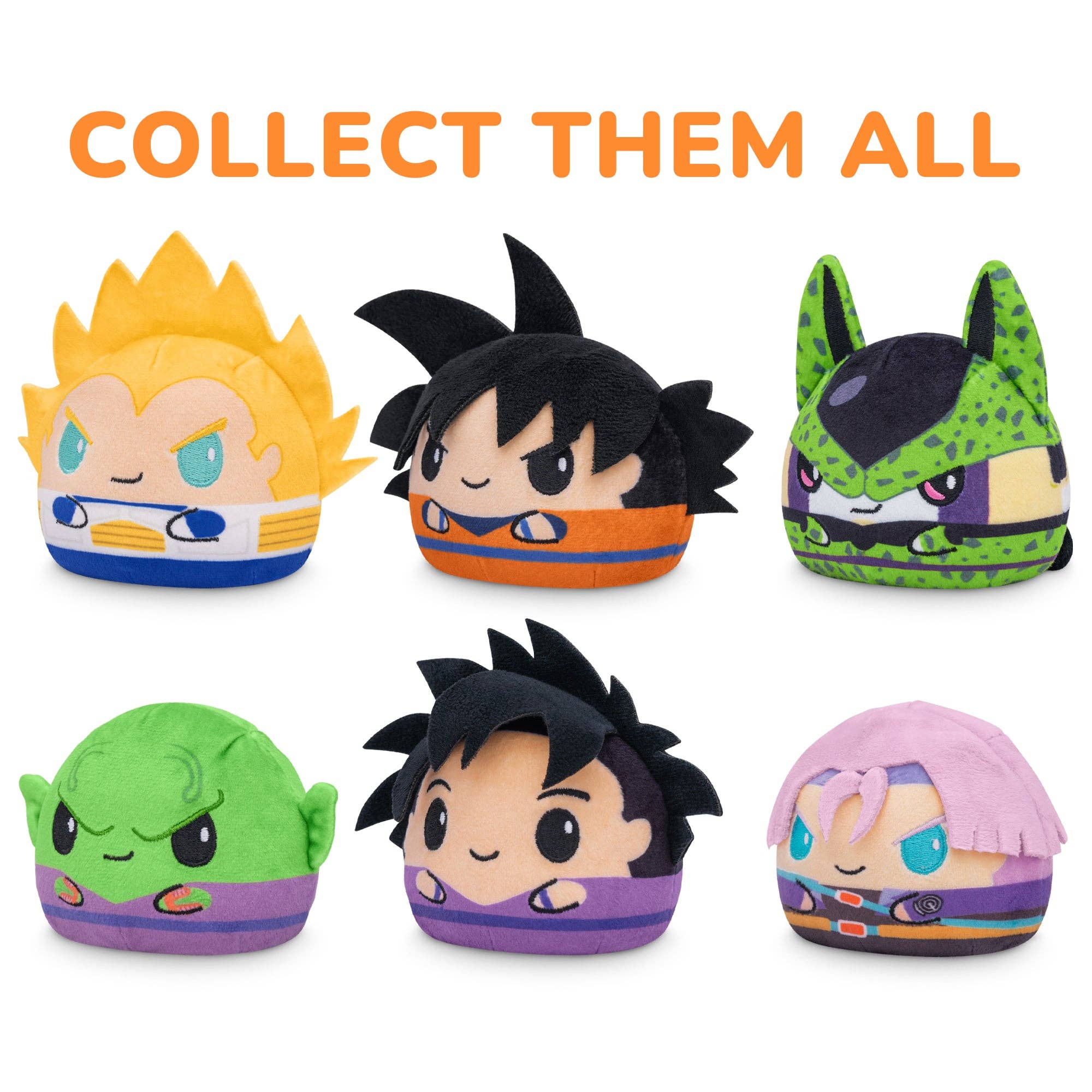 Six Dragon Ball Z reversible mystery plushies in two rows.